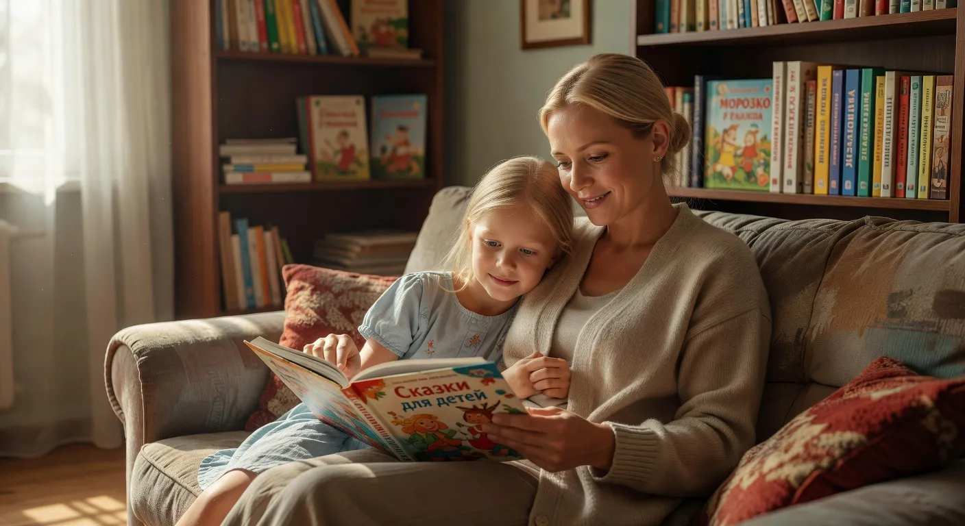 Famille franco-russe, lecture en russe avec un enfant