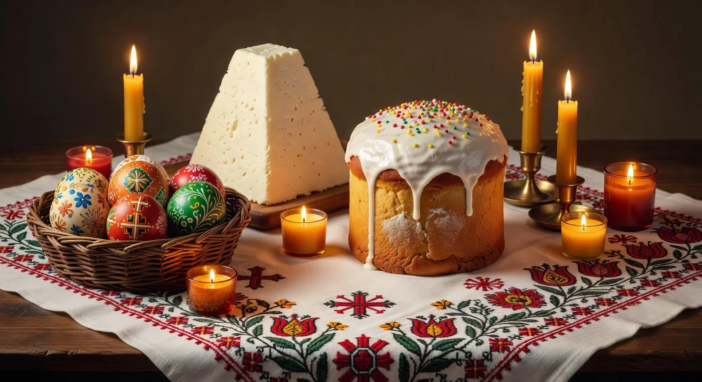 Paques orthodoxe : oeufs colores et koulitch sur table russe