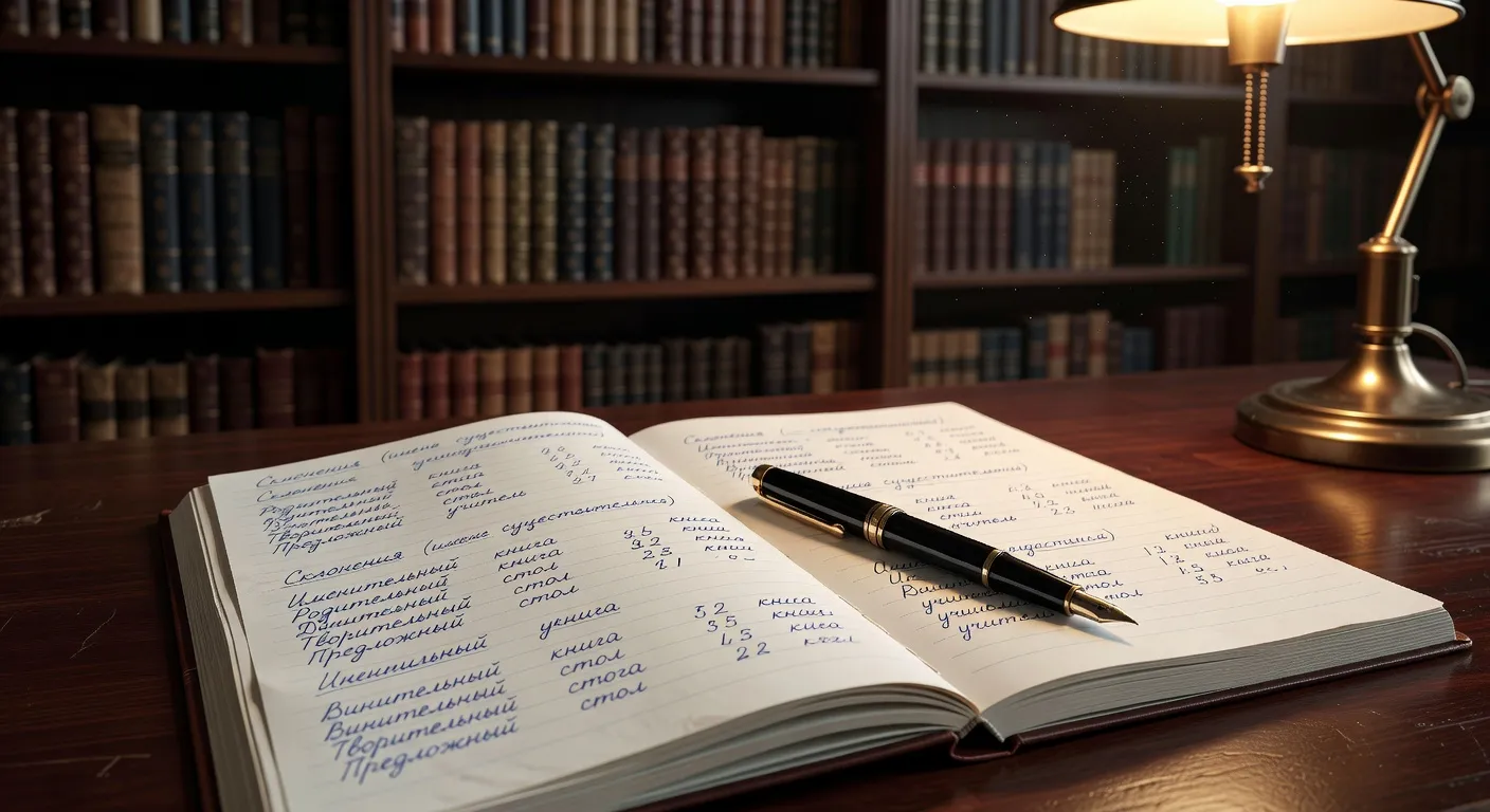 Cahier d'exercices de déclinaisons russes ouvert avec stylo plume, ambiance bibliothèque d'étude