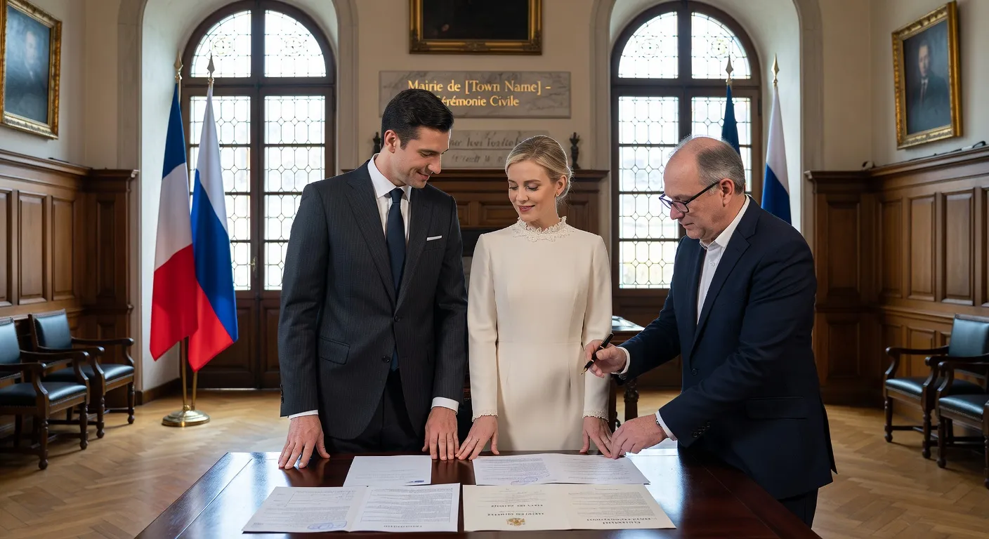 Couple franco-russe avec documents administratifs lors d'un mariage civil, mairie française