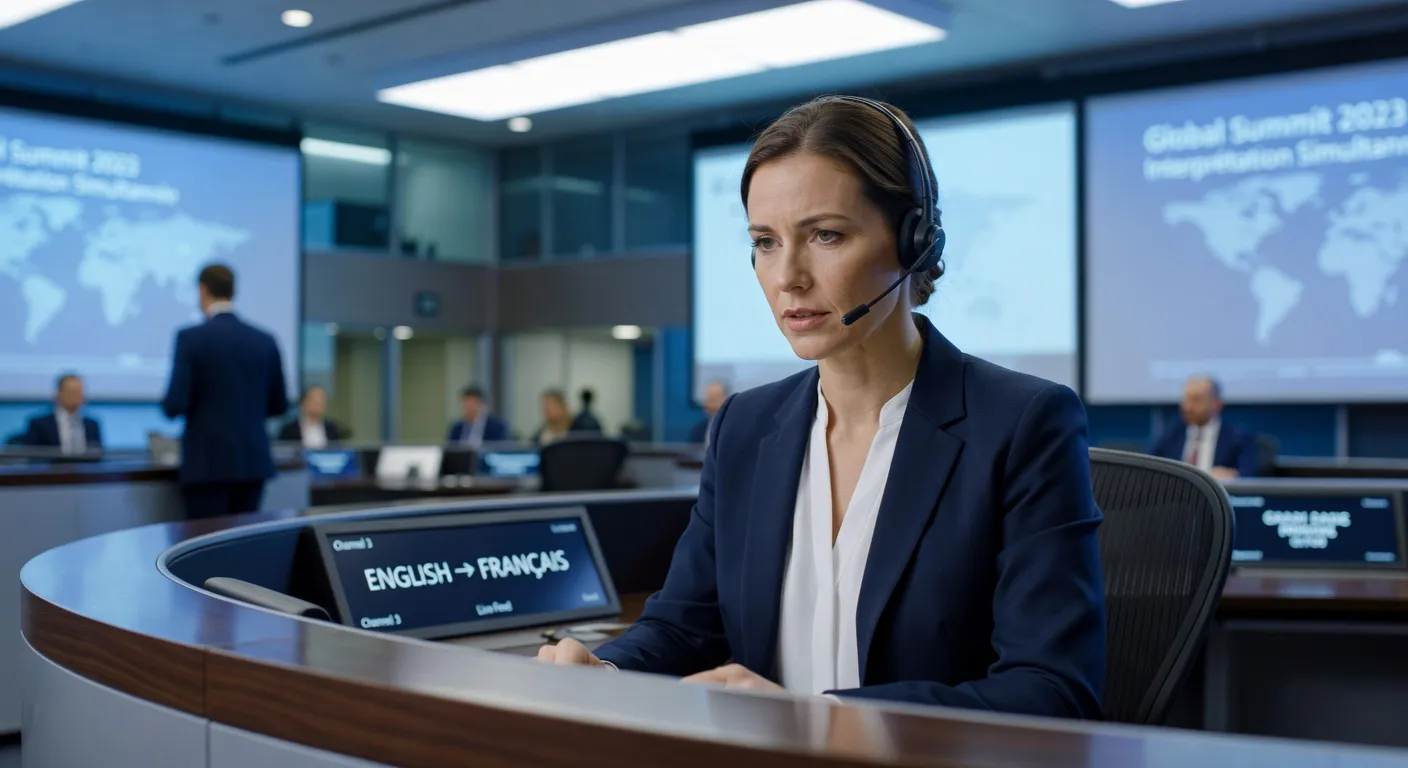 Interprète russe professionnelle avec casque de traduction, ambiance conférence internationale
