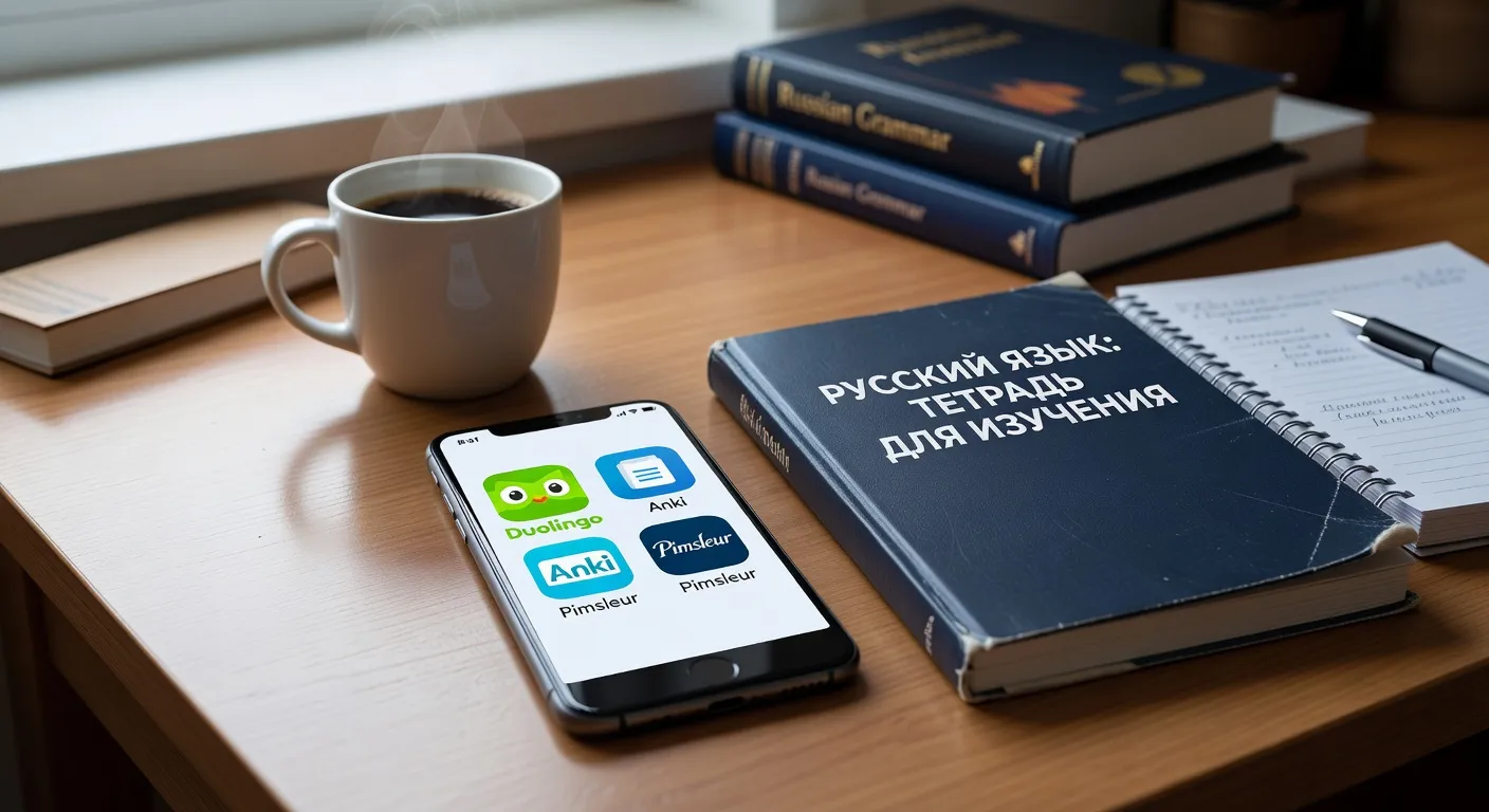 Collection d'applications sur écran smartphone : Duolingo, Anki, Pimsleur, avec cahier de russe à côté