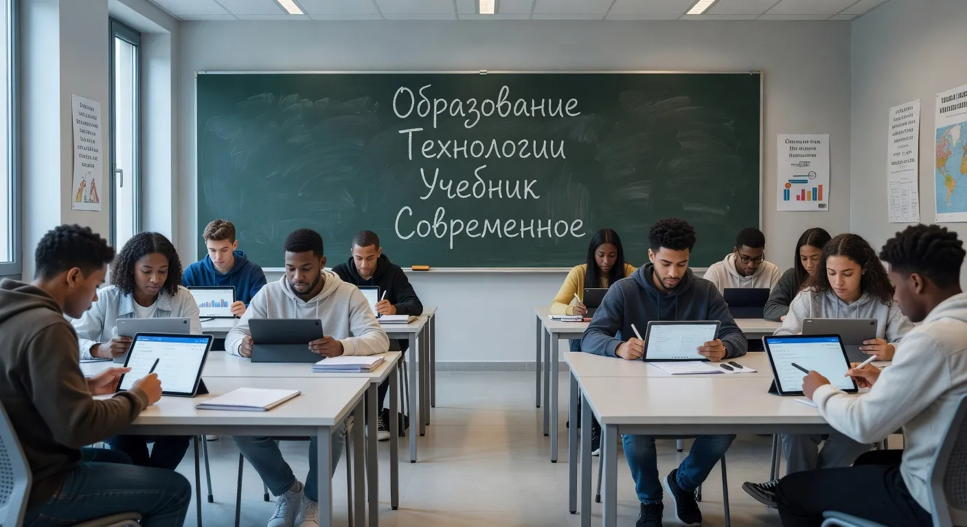 Salle de classe moderne, élèves travaillant avec tablettes, tableau avec mots russes en cyrillique