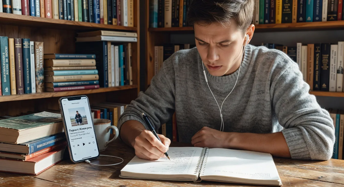 Oreillettes dans les oreilles, podcast russe sur un téléphone, personne prenant des notes