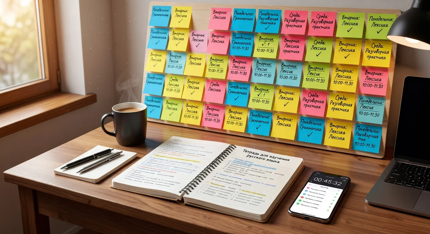 Bureau avec post-its colorés organisés en plan de travail, cahier de russe, smartphone avec application