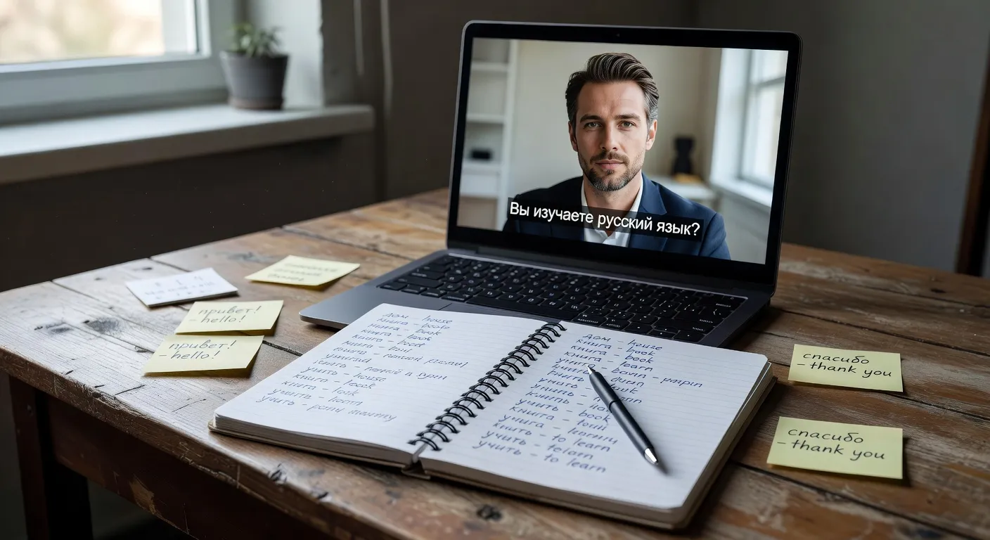 Laptop avec sous-titres cyrilliques à l'écran, cahier de vocabulaire ouvert, lumière naturelle