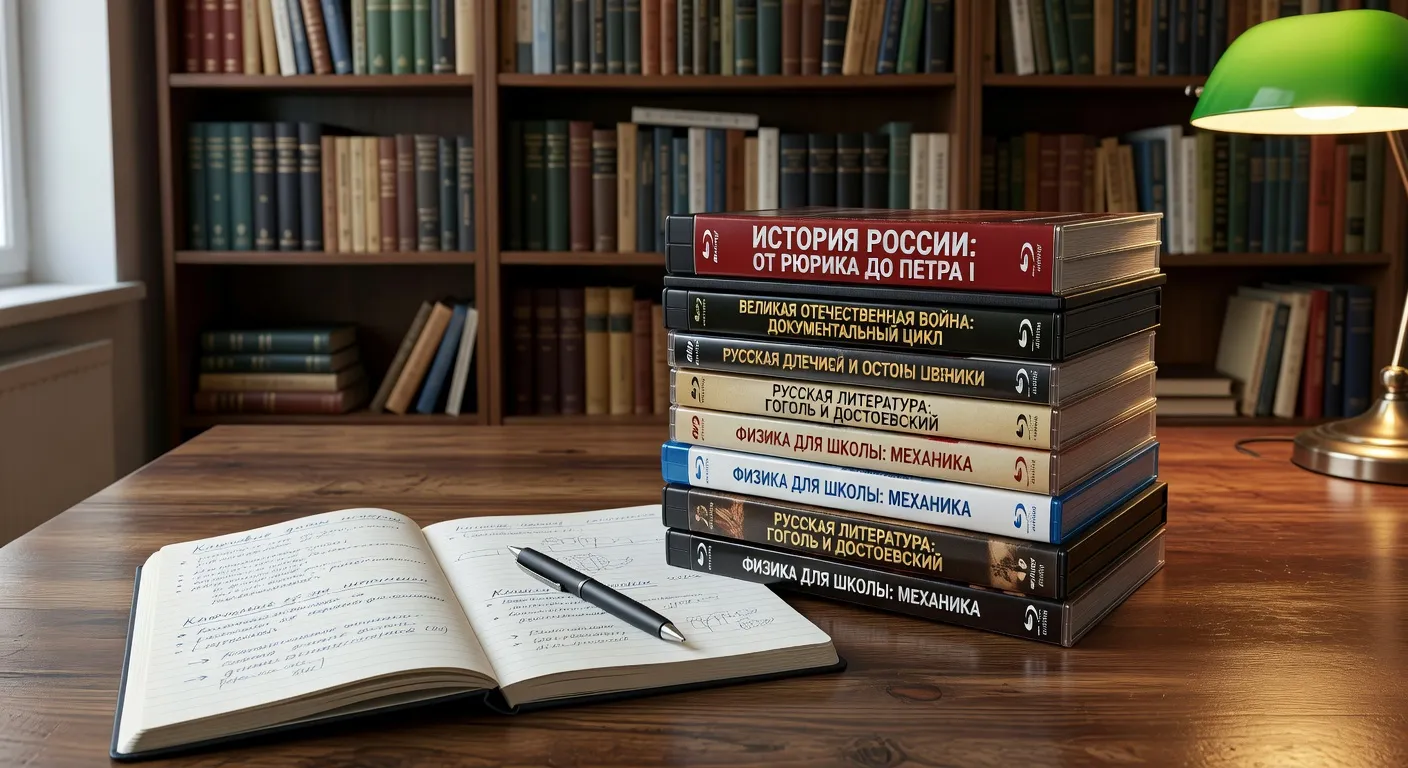 Collection de DVDs et Blu-rays russes avec cahier de notes et stylo, style studieux