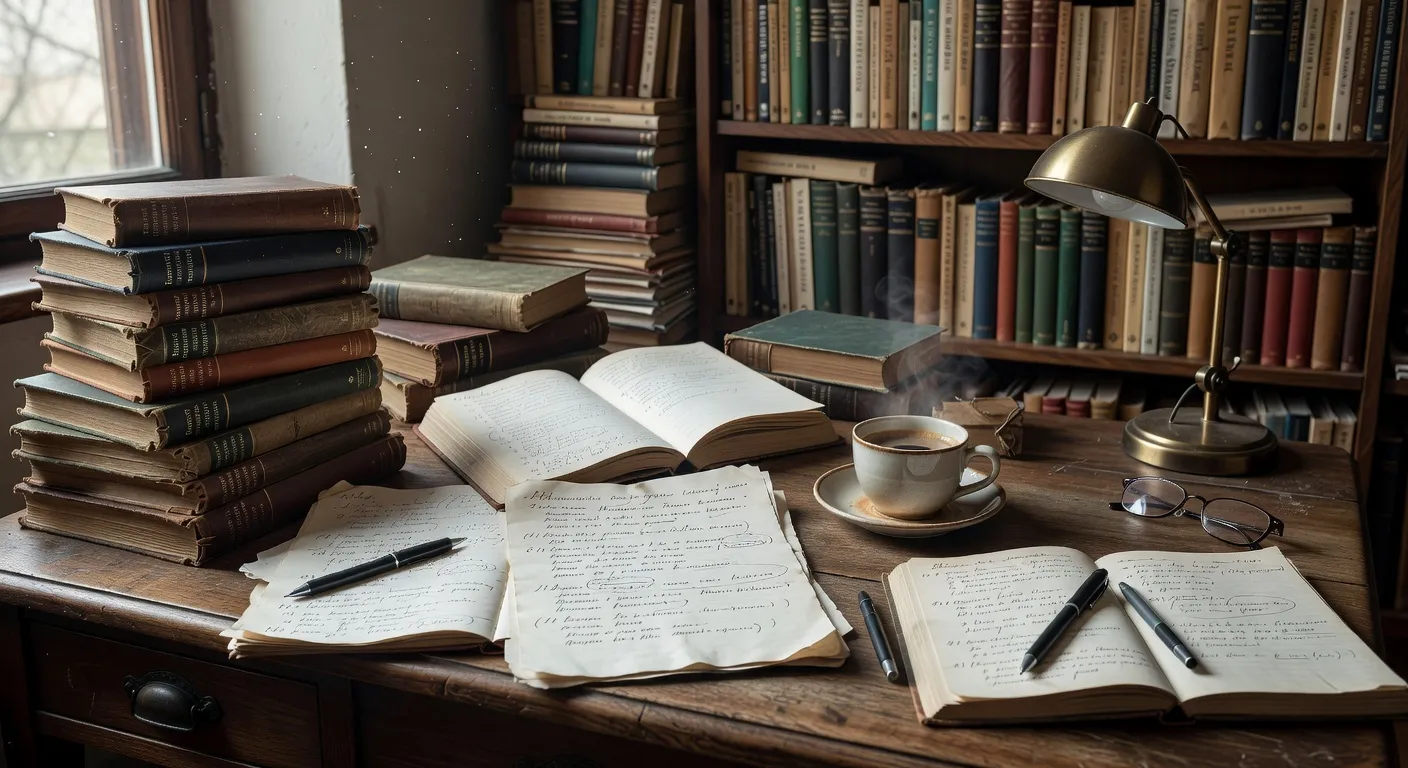 Bureau de traductrice : dictionnaires franco-russes empilés, manuscrit annoté, cafetière