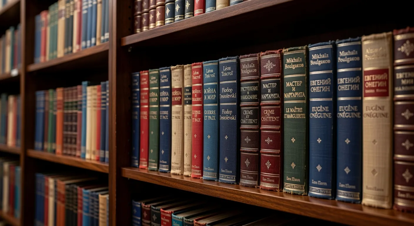 Rangée de livres russes traduits en français, bibliothèque de travail