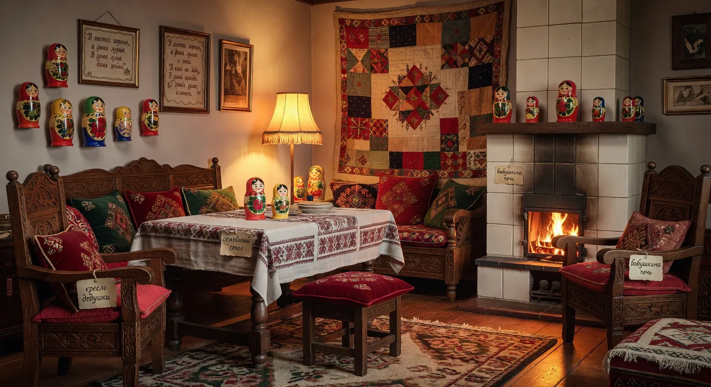 Intérieur cosy d'une maison russe avec étiquettes cyrilliques sur les meubles
