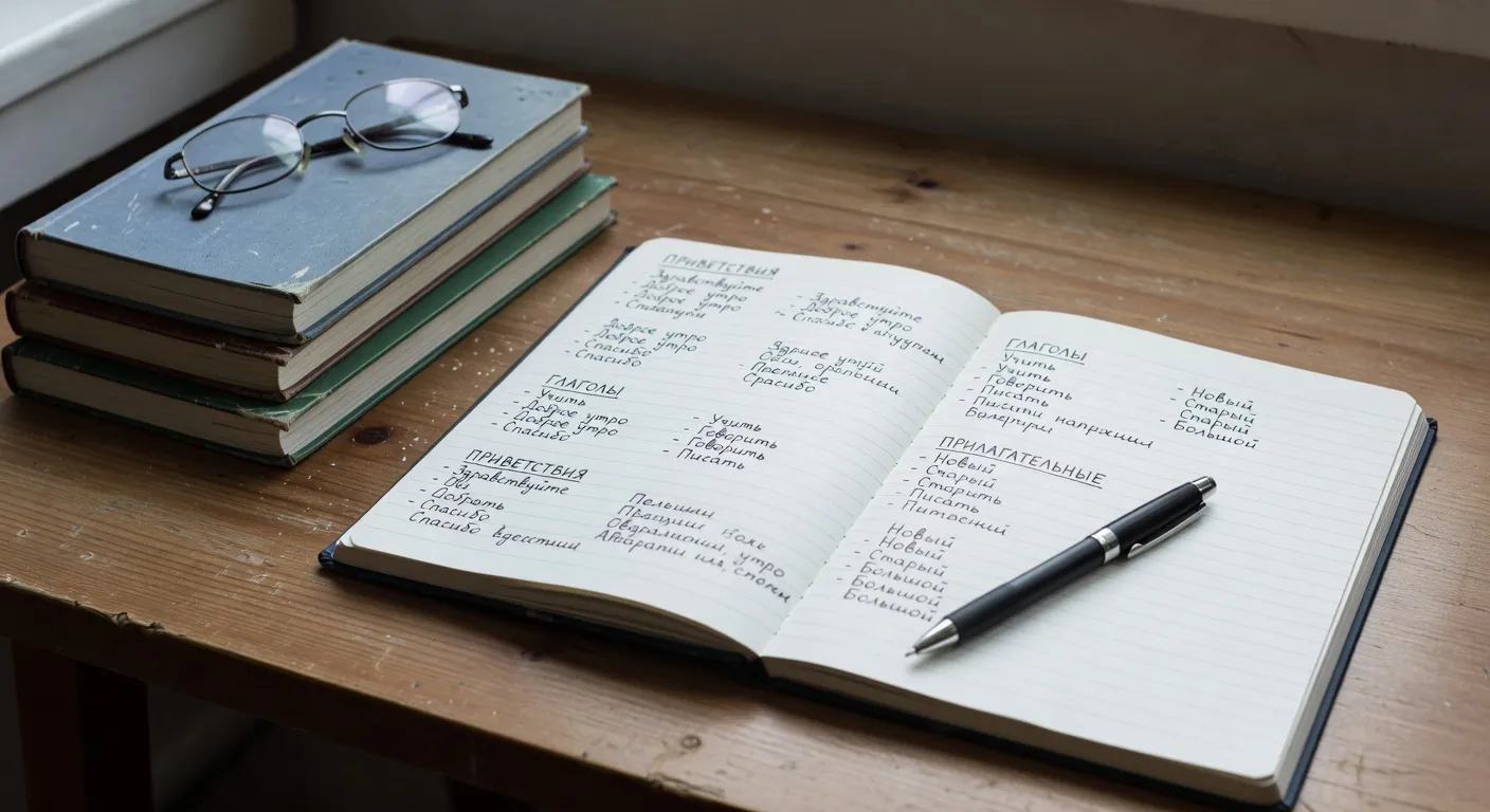 Carnet de vocabulaire ouvert avec mots russes organisés par catégories thématiques