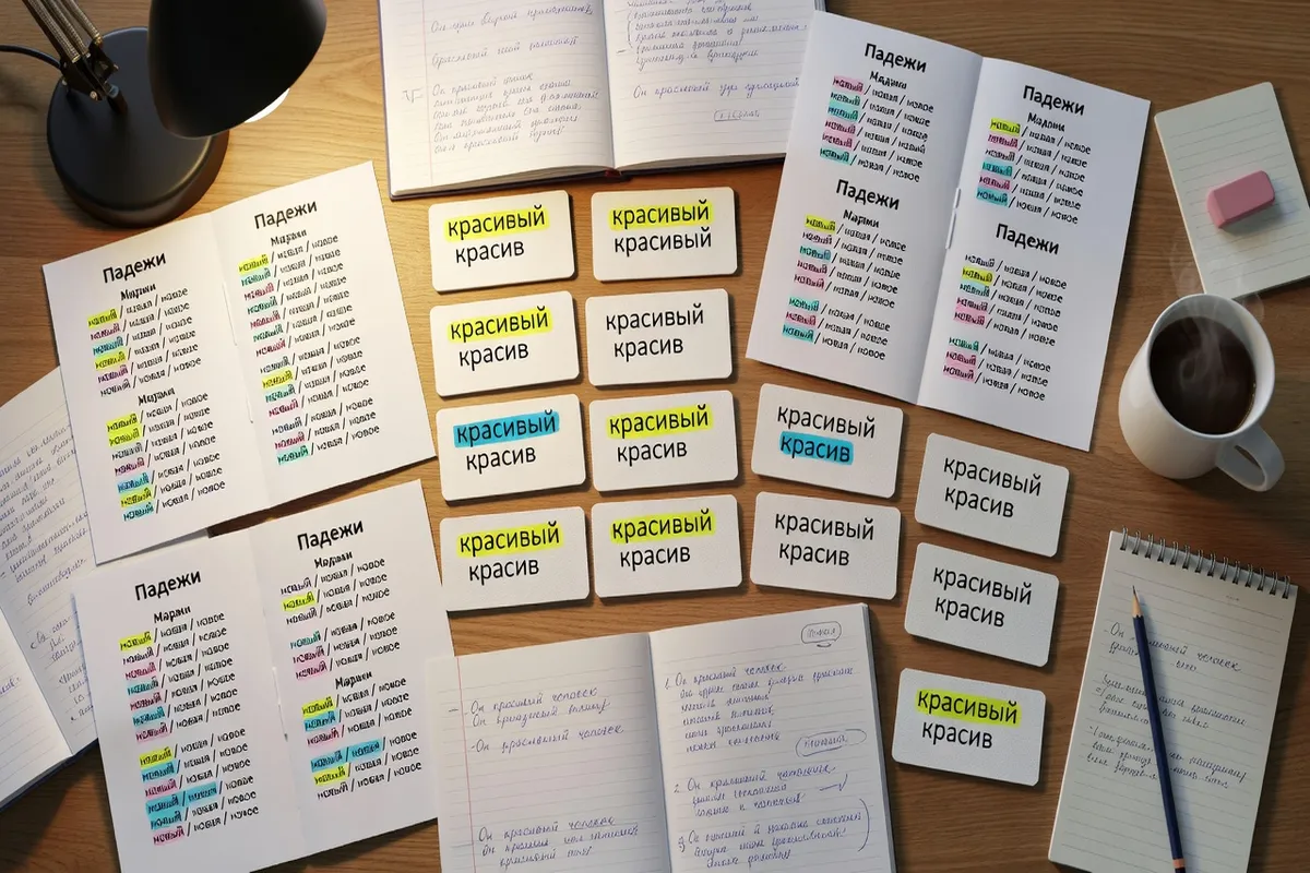 Fiches de révision colorées sur les adjectifs russes éparpillées sur une table, avec formes longues et courtes surlignées