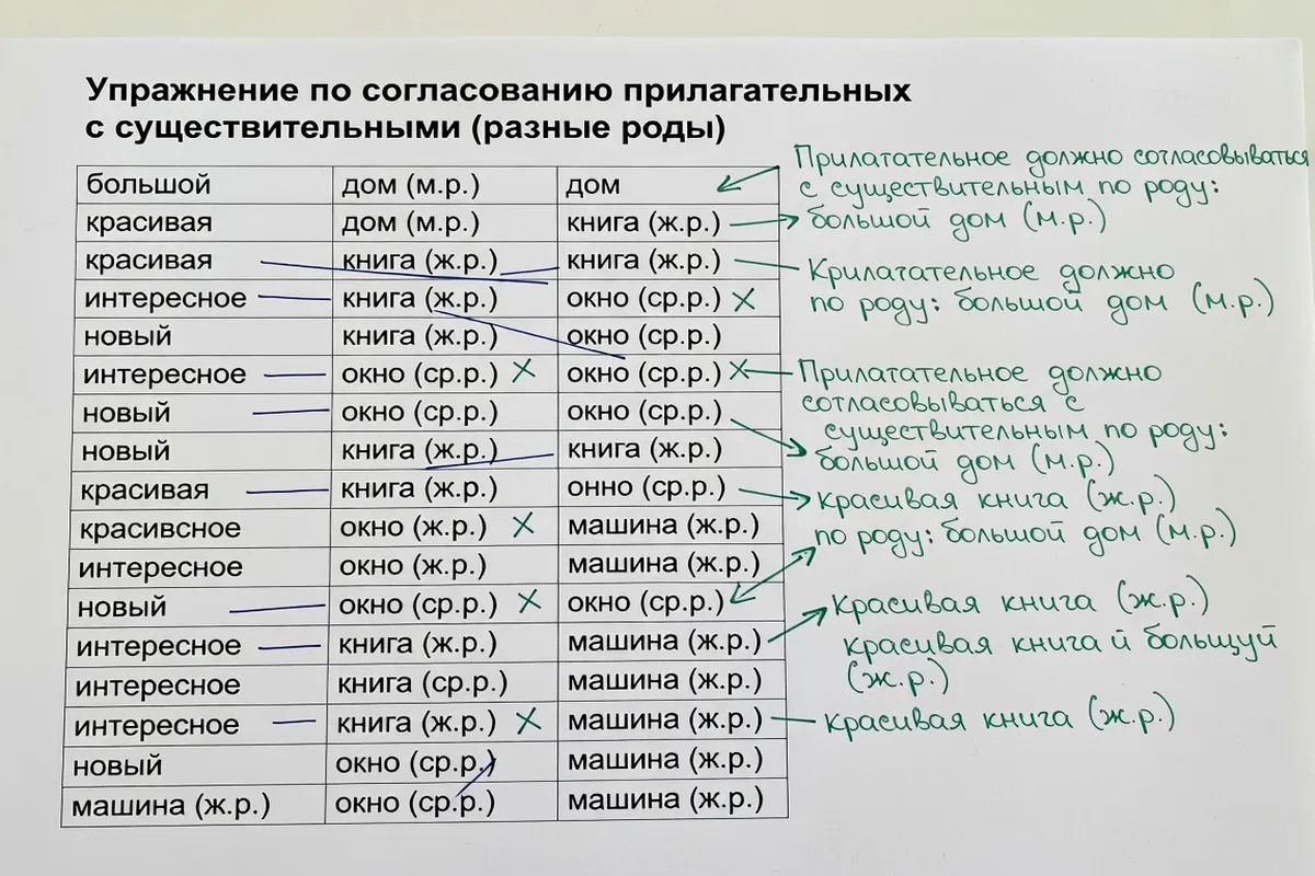 Gros plan sur un exercice de grammaire russe : adjectifs à accorder avec des noms de genre différent, corrections en vert