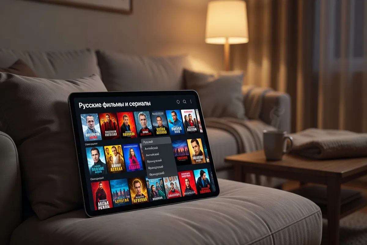 Interface d'une application de streaming montrant des films et séries en russe avec pochettes colorées, tablette posée sur canapé