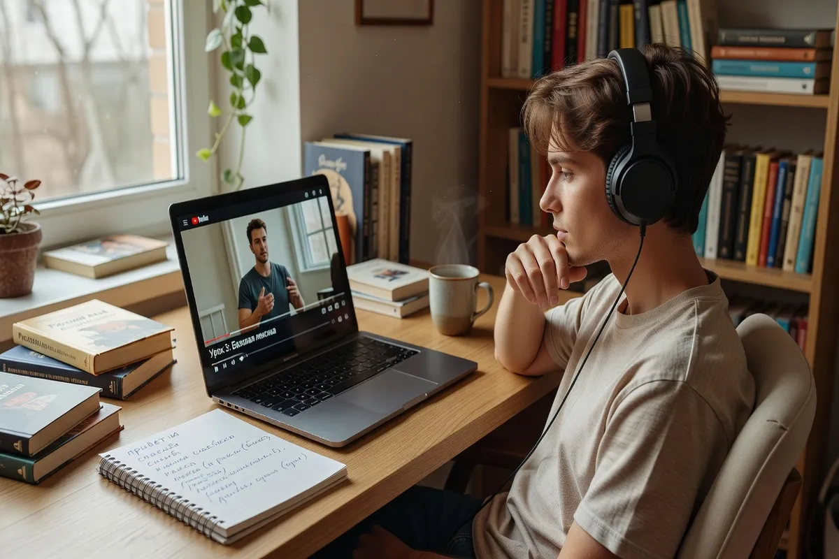 Jeune personne avec écouteurs qui regarde un cours de russe sur YouTube, carnet de vocabulaire ouvert à côté, ambiance studieuse et détendue