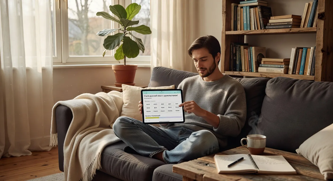 Personne utilisant une application de russe sur tablette