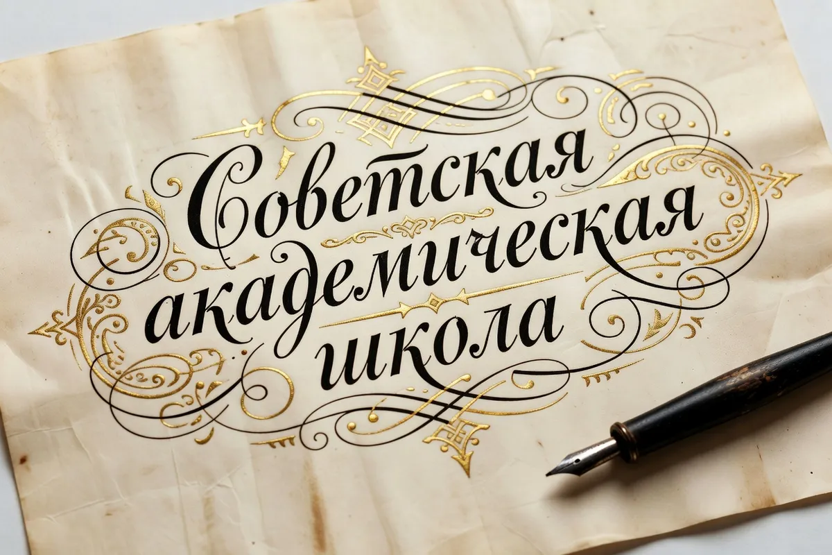 Calligraphie russe artistique sur papier ivoire, encre noire, lettres ornées style classique soviétique