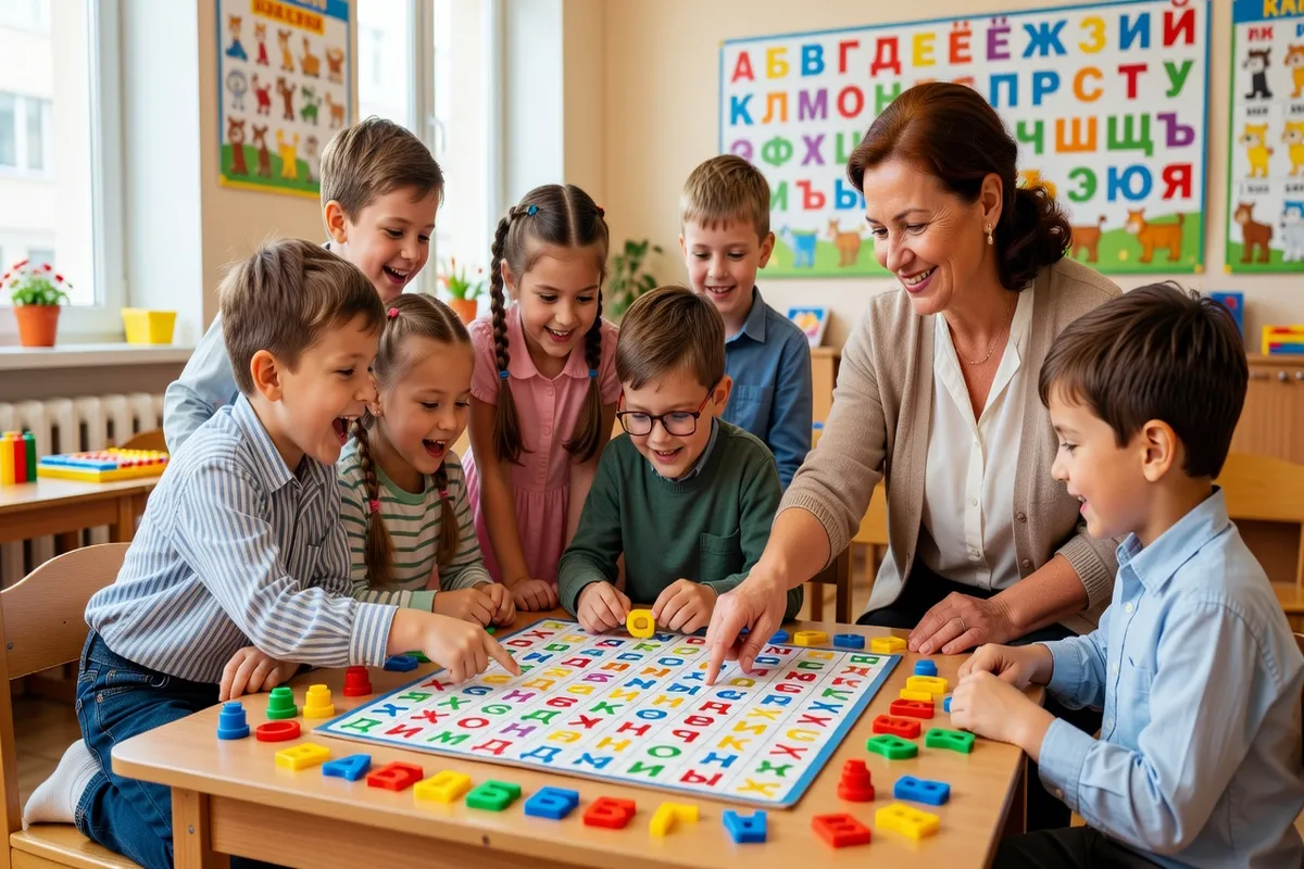 Groupe d'enfants jouant à un jeu de plateau avec des lettres cyrilliques, animatrice qui montre les lettres