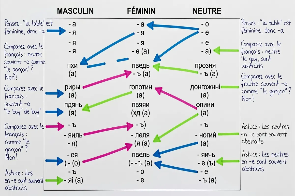 Fiche de grammaire russe avec flèches colorées indiquant les terminaisons masculines, féminines et neutres