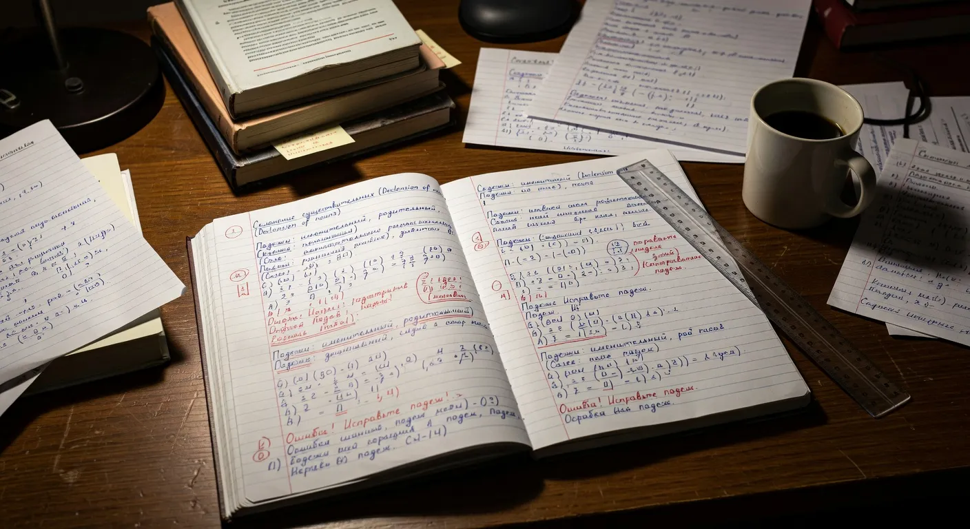 Cahier de notes étudiant avec exercices de grammaire russe manuscrits