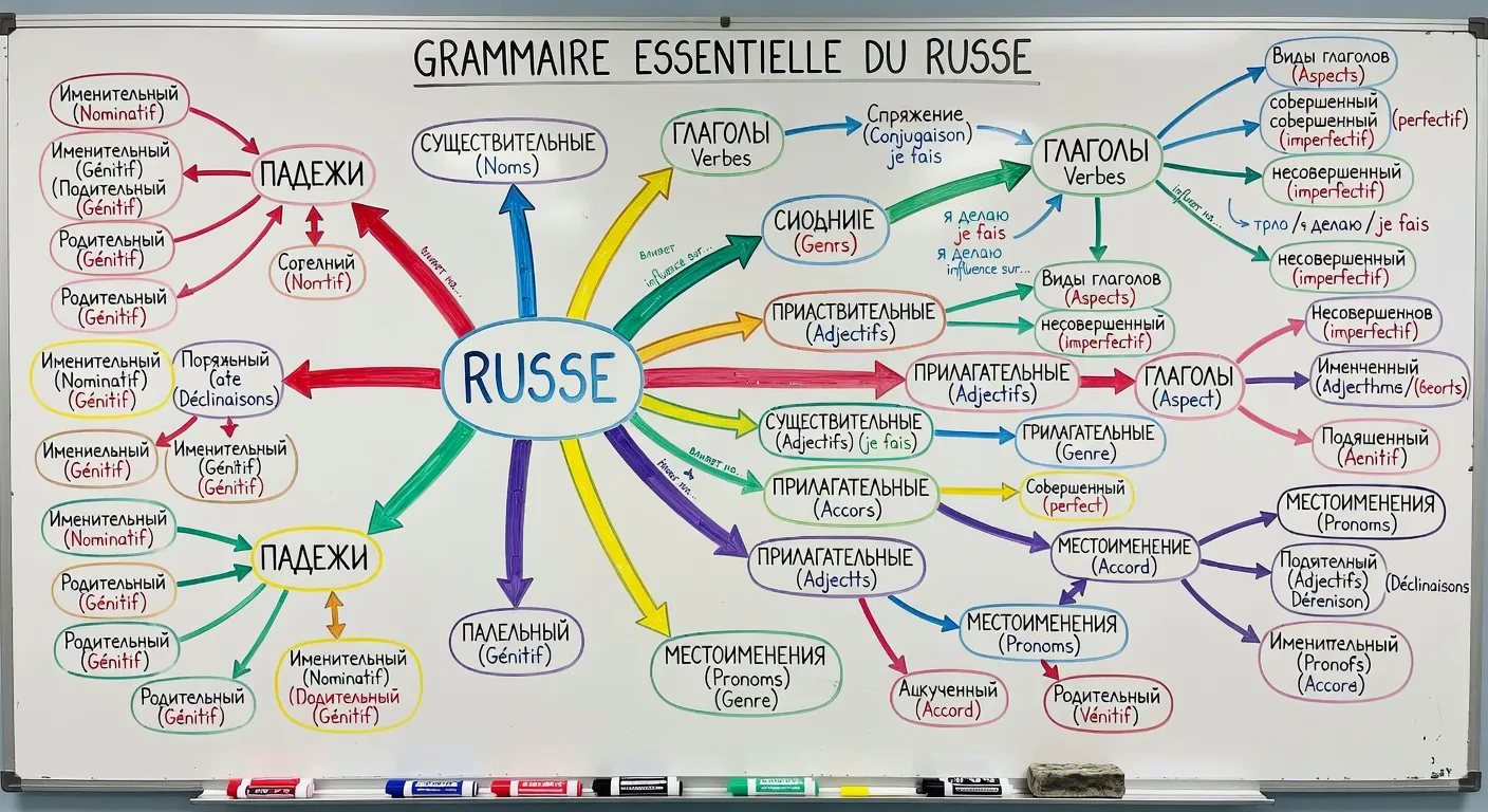 Tableau blanc avec mind-map des règles grammaticales russes essentielles
