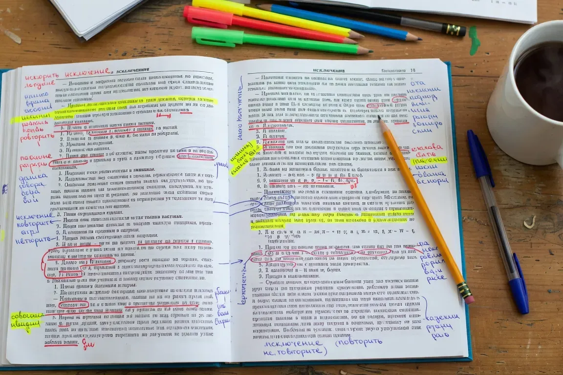 Vue aérienne d'un cahier de grammaire russe ouvert avec annotations colorées