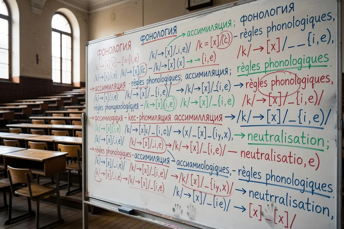 Tableau blanc universitaire couvert de formules linguistiques et d'exemples grammaticaux russes