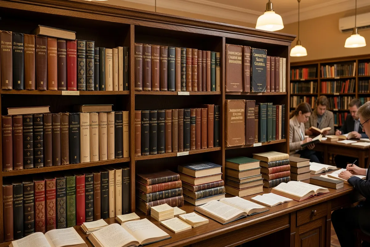 Bibliothèque universitaire avec manuels de linguistique slave et dictionnaires bilingues russo-français