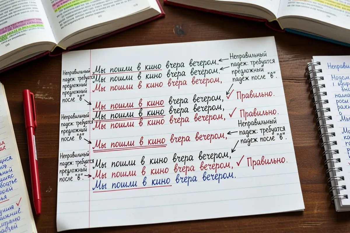 Texte russe avec corrections au stylo rouge marquant les erreurs de grammaire courantes