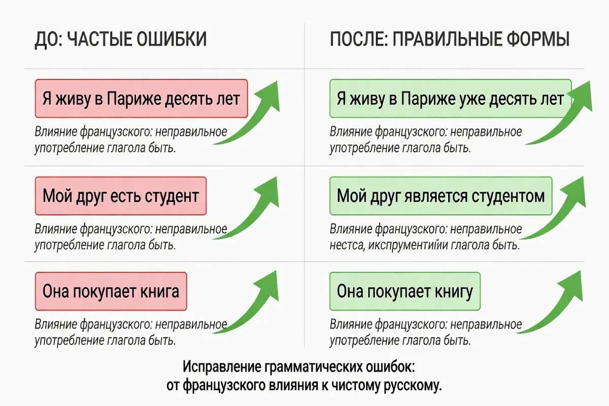 Tableau comparatif avant/après correction avec exemples grammaticaux russes, flèches vertes indiquant les corrections