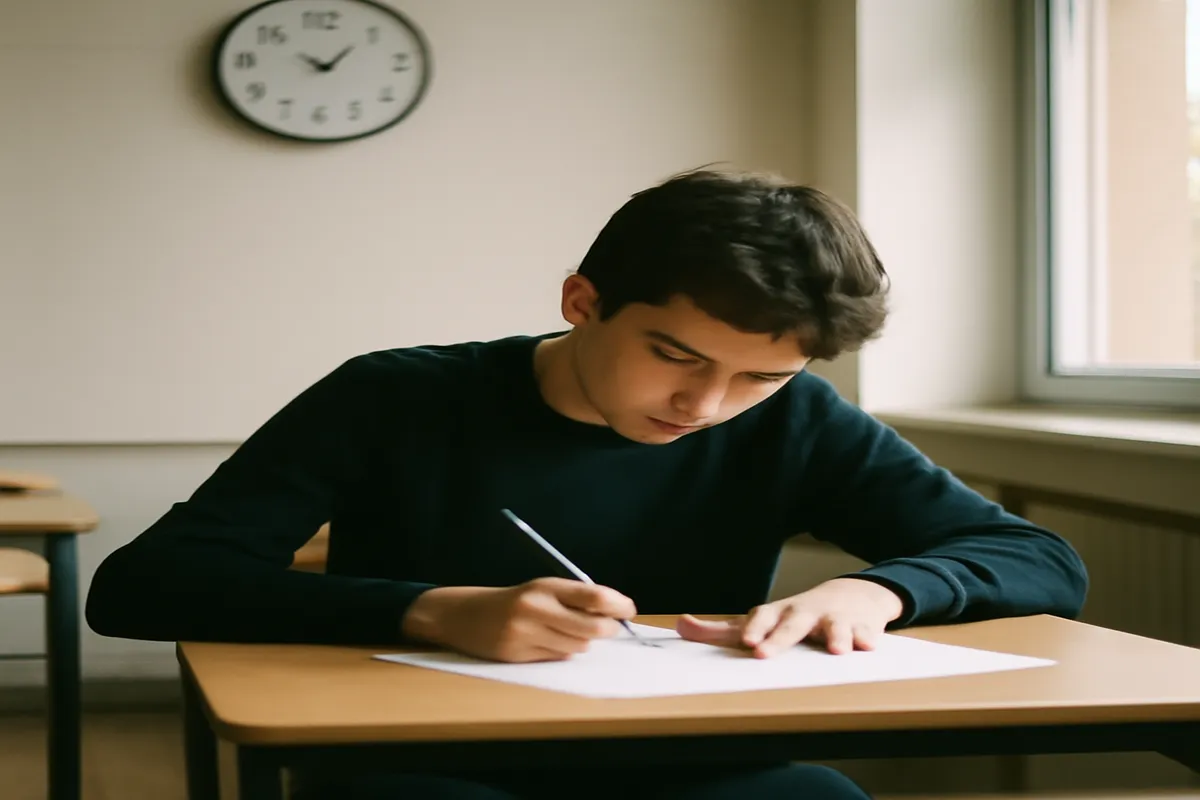 Étudiant passant un examen de langue russe avec cahier et stylo