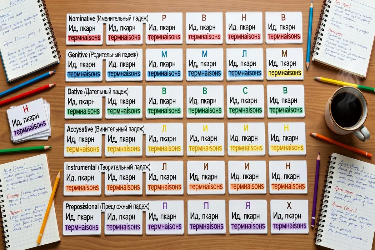 Fiches de mémorisation des terminaisons de déclinaisons russes, colorées par cas
