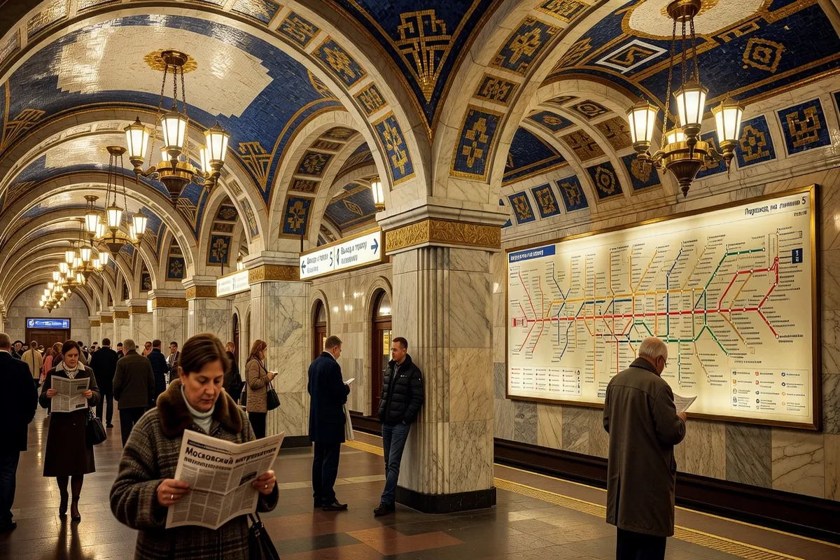 Passagers dans le métro de Moscou lisant des plans en cyrillique, décorations art déco emblématiques