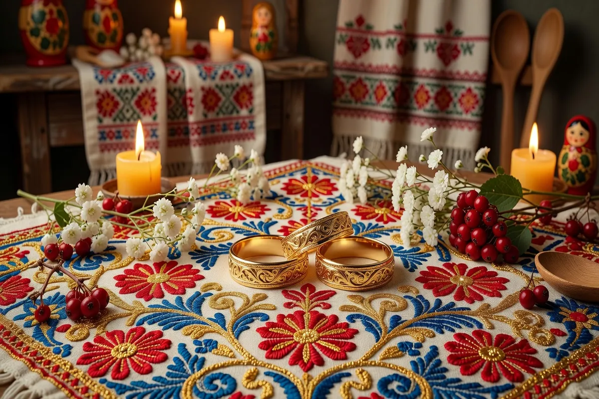 Alliances et bouquet de mariage posés sur une nappe brodée traditionnelle russe