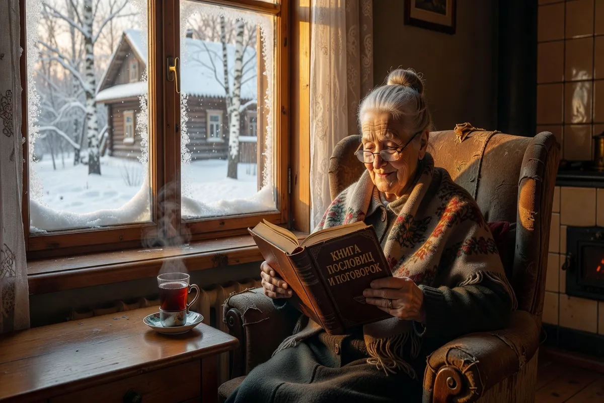 Vieille femme russe lisant un livre de proverbes près d'une fenêtre en hiver, lumière dorée sur fond de neige
